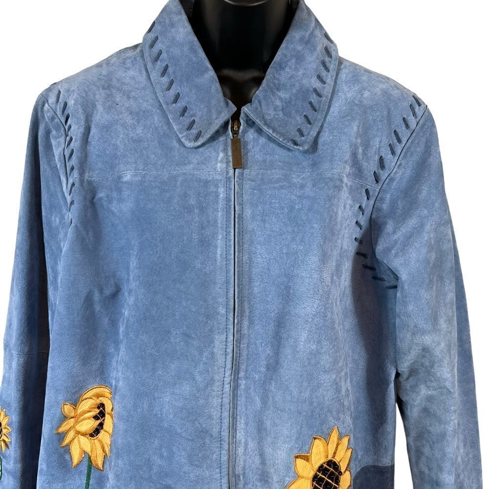 Quacker Factory blue suede Whipstitched Sunflower patchwork jacket - Picture 3 of 14
